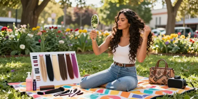Woman experimenting with huaman hair extensions and accessories outdoors, showcasing vibrant styles amidst nature.