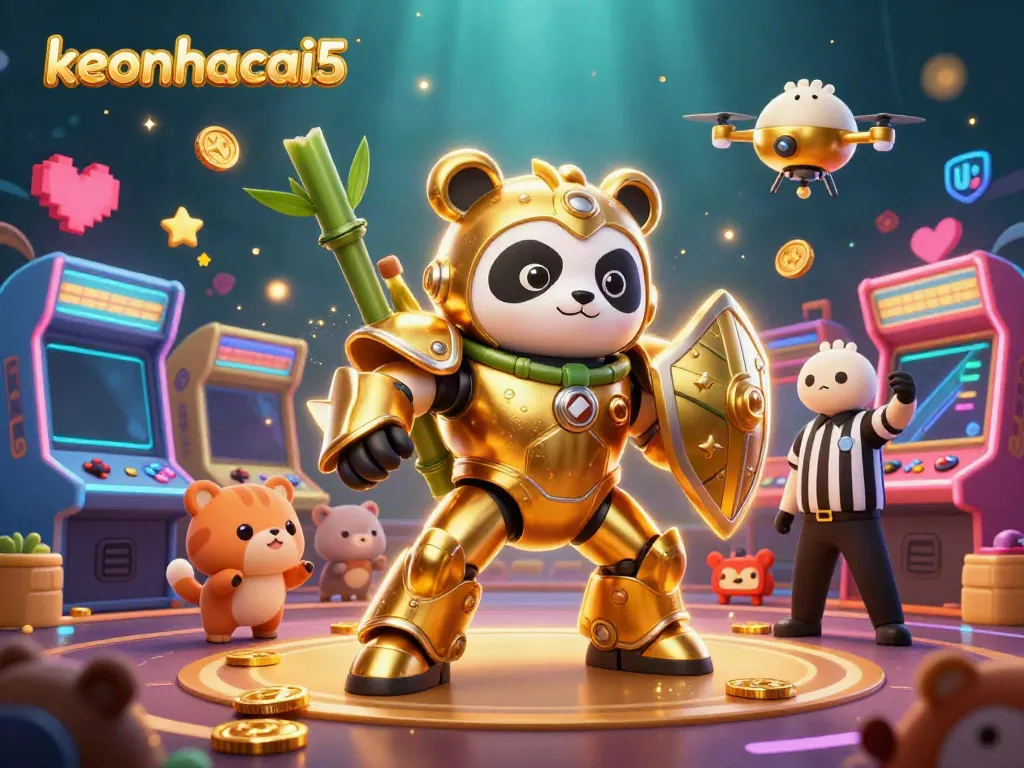 Experience thrilling action in the keonhacai5 arena with a golden panda piloting a bamboo robot.