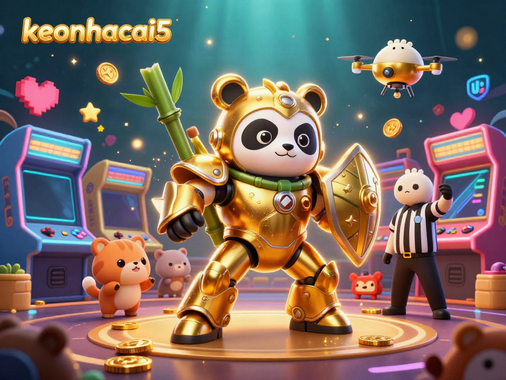 Experience thrilling action in the keonhacai5 arena with a golden panda piloting a bamboo robot.