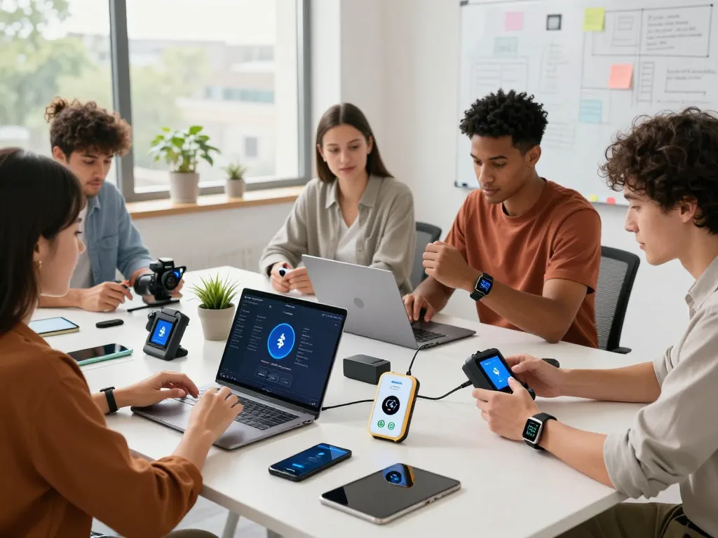 Showcasing smart tech gadgets in a collaborative workspace, team engaged with Bluetooth devices for innovation.