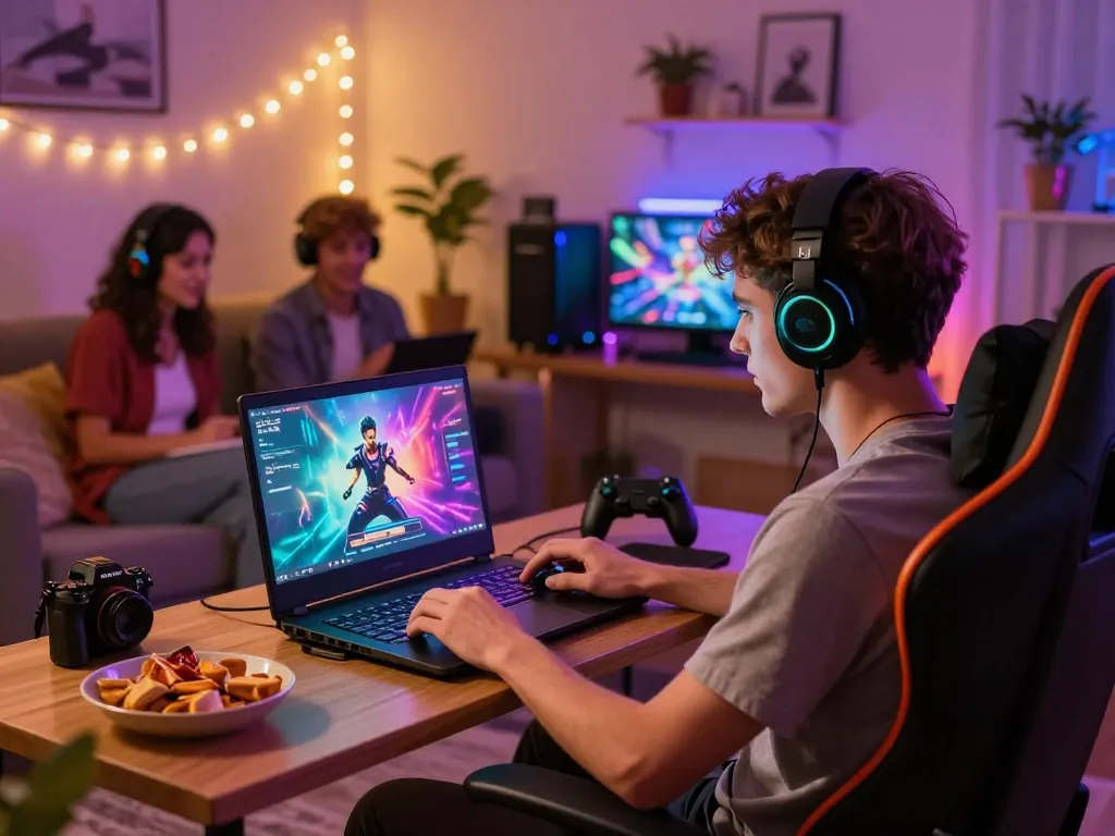 Engaging scene of a user playing porn games html on a laptop in a vibrant gaming room.