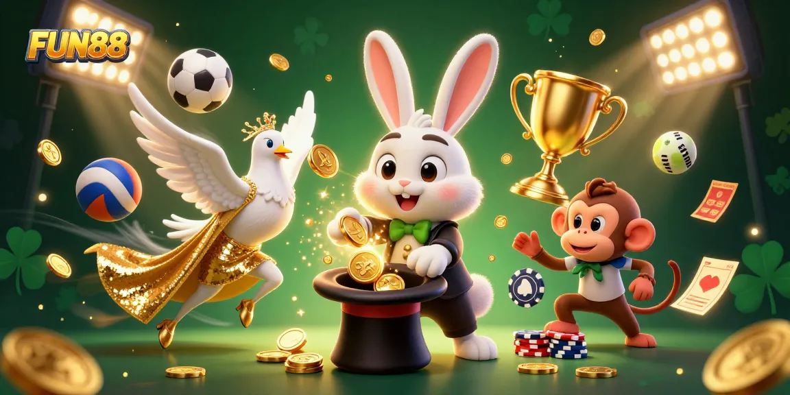 Fun88 enhances excitement with a thrilling 3D scene of a magician pulling coins amidst sports betting elements.