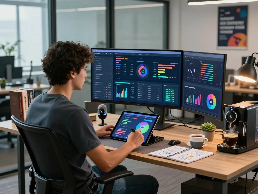 AI search monitoring dashboard setup in a modern workspace with analytics screens and a focused data analyst.