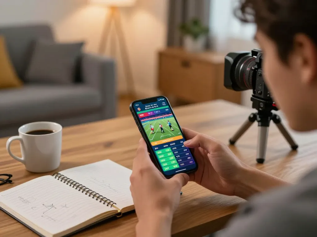 Engaging with cm88 sports betting app on a smartphone in a cozy home setting, showcasing strategic gaming.