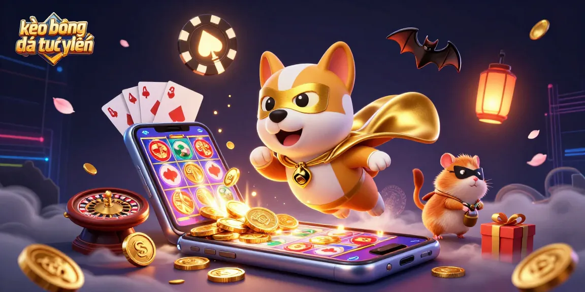 Experience kèo bóng đá trực tuyến like never before, featuring a superhero dog and colorful games flying through the air.