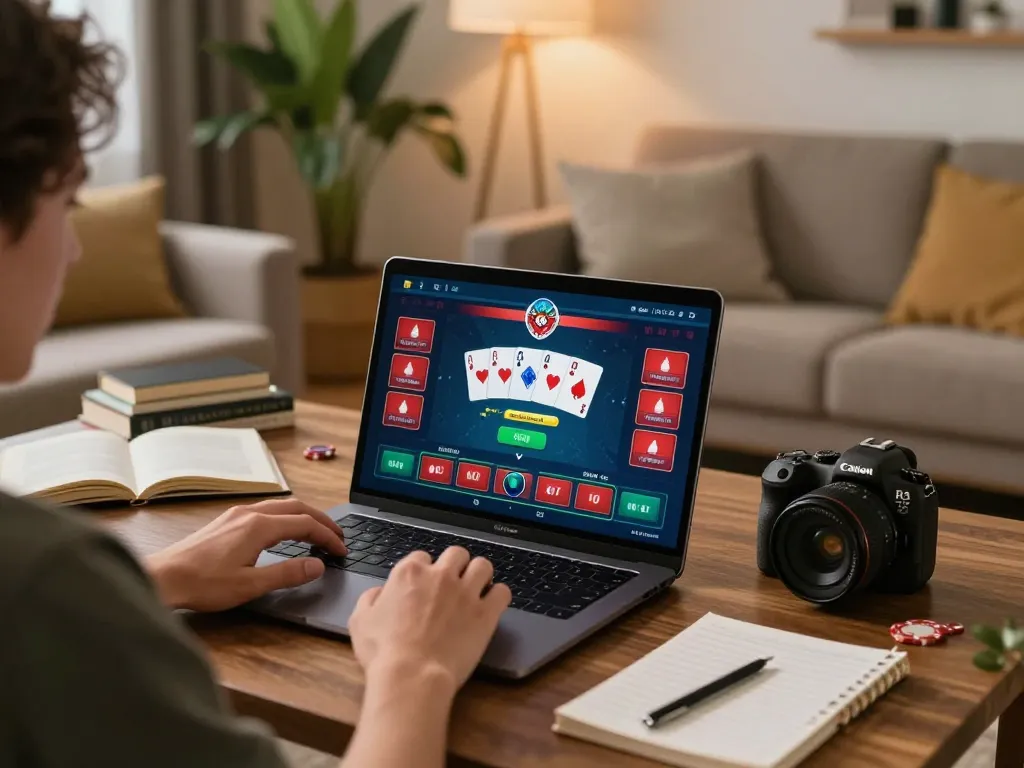 F8bet player strategizing in an online poker game, showcasing a cozy home setup with notes and laptop.