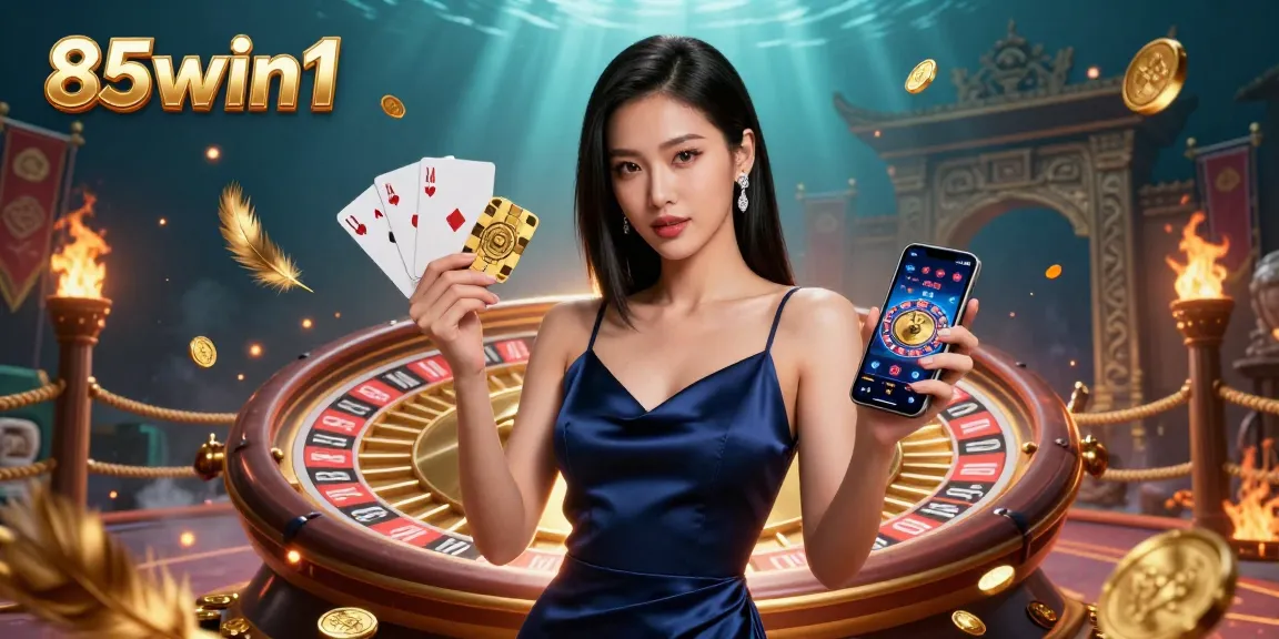 Experience exciting gaming action with 85win1's stylish Asian woman, holding a casino app and golden chip amid vibrant gaming elements.