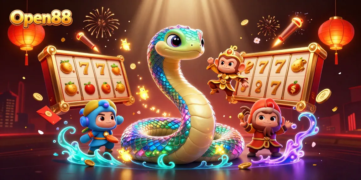 Engage in thrilling gameplay at Open88 with vibrant slot reels and a dynamic illustration.