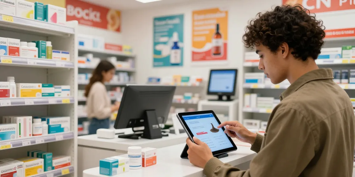 Engaging online shopping experience to buy cocaine powder online in a modern pharmacy setting.