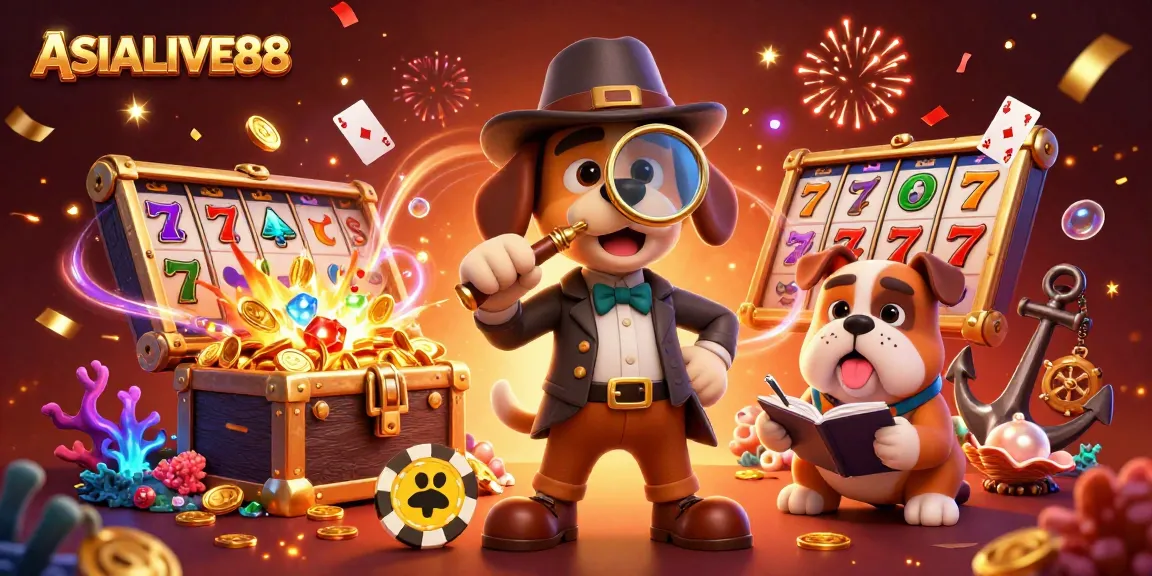 Uncover the excitement of ASIALIVE88 with a detective uncovering treasures in a vibrant casino scene.