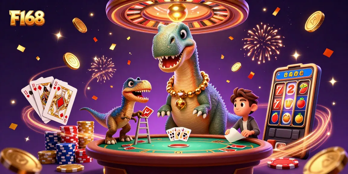 F168 players enjoy a thrilling casino atmosphere with a majestic brontosaurus and dynamic decorations.