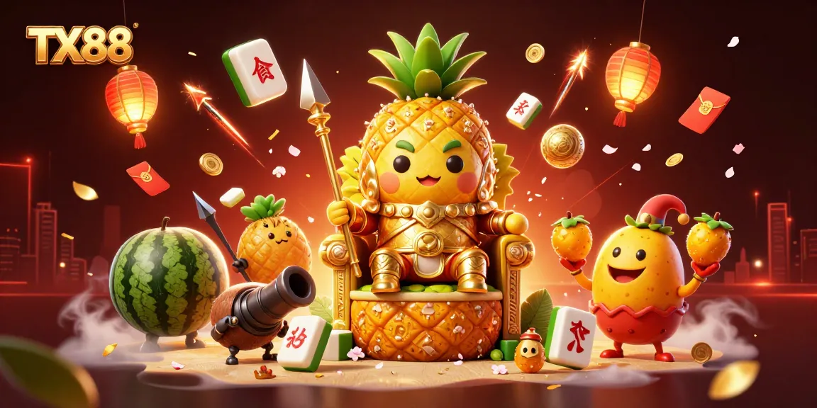 Experience the excitement of TX88's vibrant casino atmosphere with a golden pineapple king and dynamic game elements.