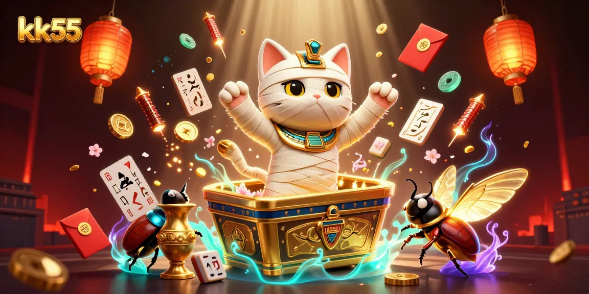 Experience the excitement of kk55 with a magical mummy cat in a dynamic casino scene.