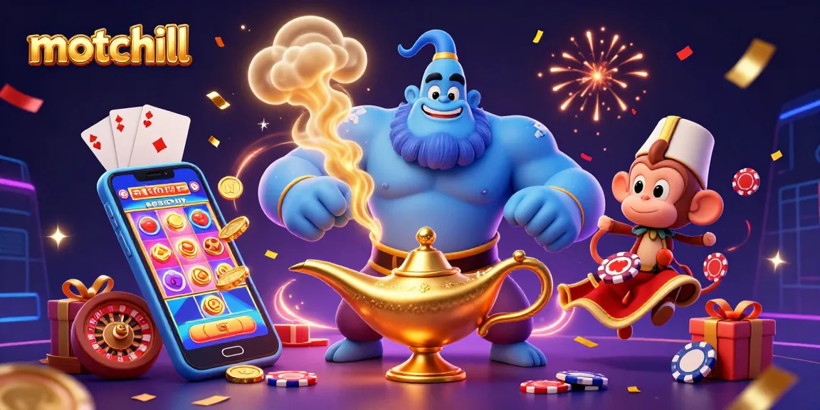 Experience the excitement of motchill with a dynamic casino scene featuring a mystical genie, colorful slot games, and festive elements.