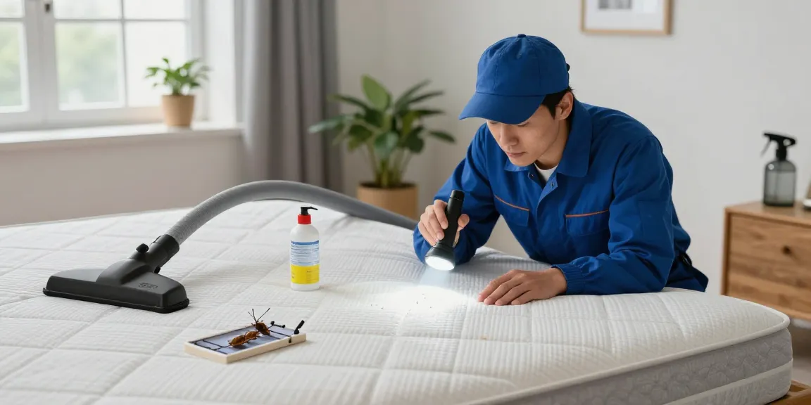 Expert bed bug removal in a bedroom, with a technician inspecting a mattress using specialized tools.