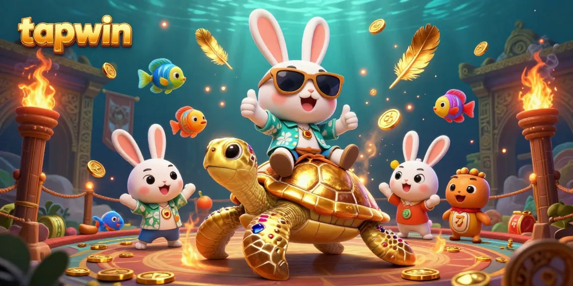 Join the fun at tapwin with a bright, colorful illustration featuring a lucky rabbit, a golden sea turtle, and a dynamic casino atmosphere.