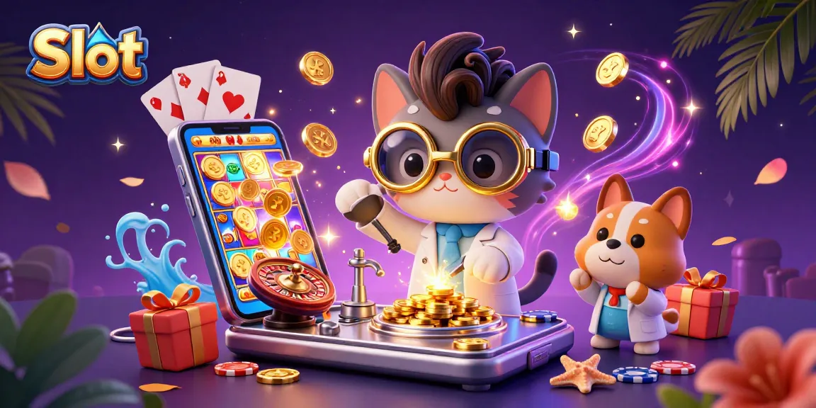 Slot menyajikan karakter kucing ilmuwan dalam penciptaan mesin replikasi koin emas dengan elemen permainan kasino.