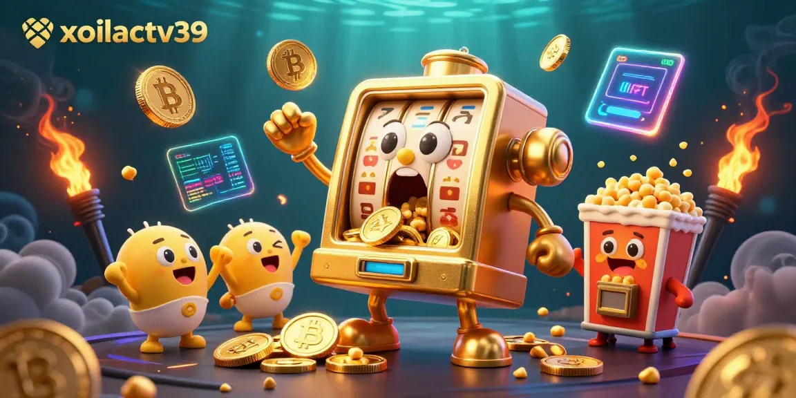 Experience excitement with xoilactv39 as golden slot machines celebrate a jackpot frenzy, surrounded by crypto elements.