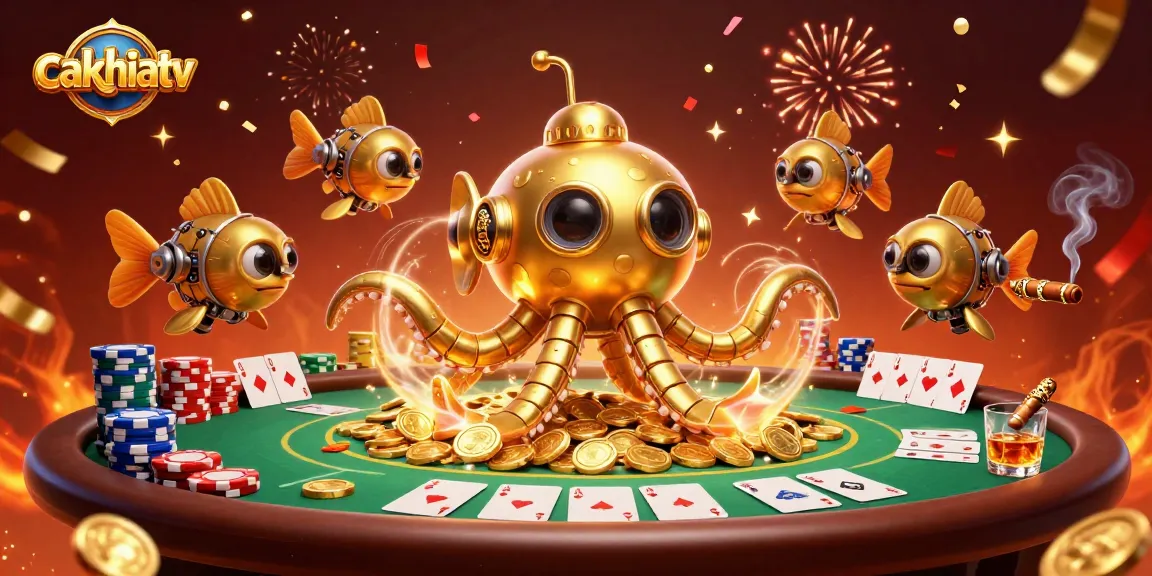 Cakhiatv showcases a playful 3D scene of a golden kraken surfing waves of coins while engaging in thrilling poker.
