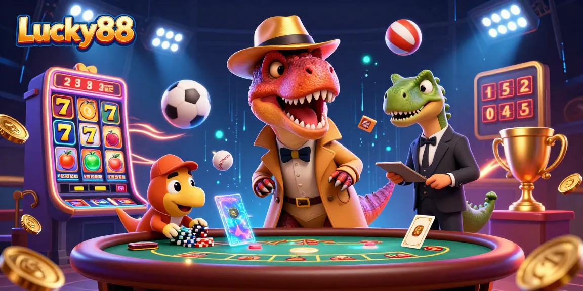 Immerse in Lucky88's thrilling atmosphere with vibrant characters and casino elements showcasing exciting gaming.