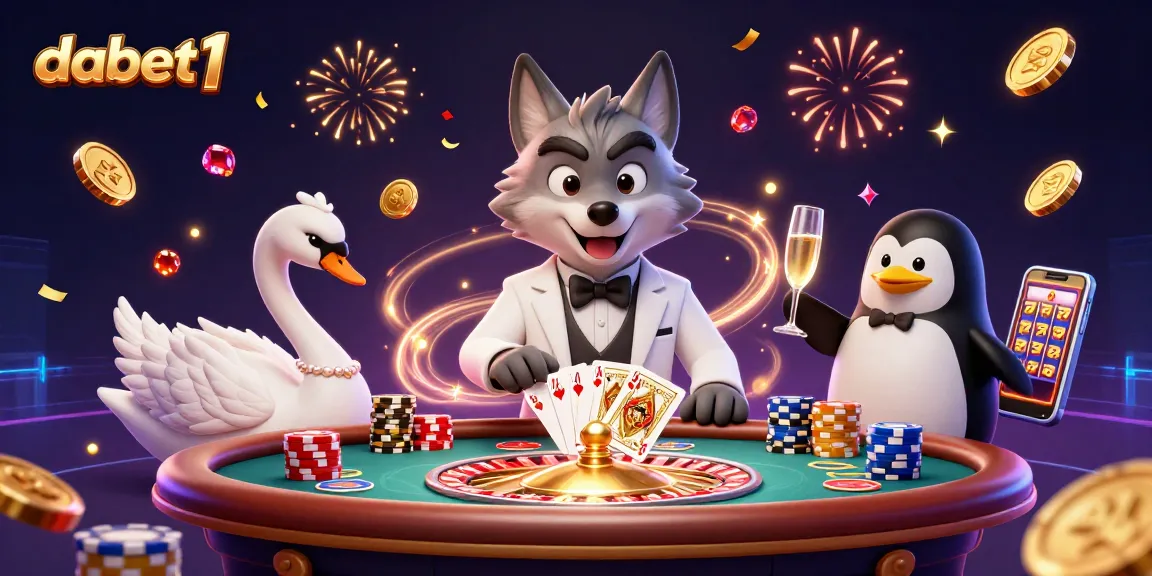 Engage with dabet1, experiencing vibrant gaming action at a baccarat table surrounded by animated characters.