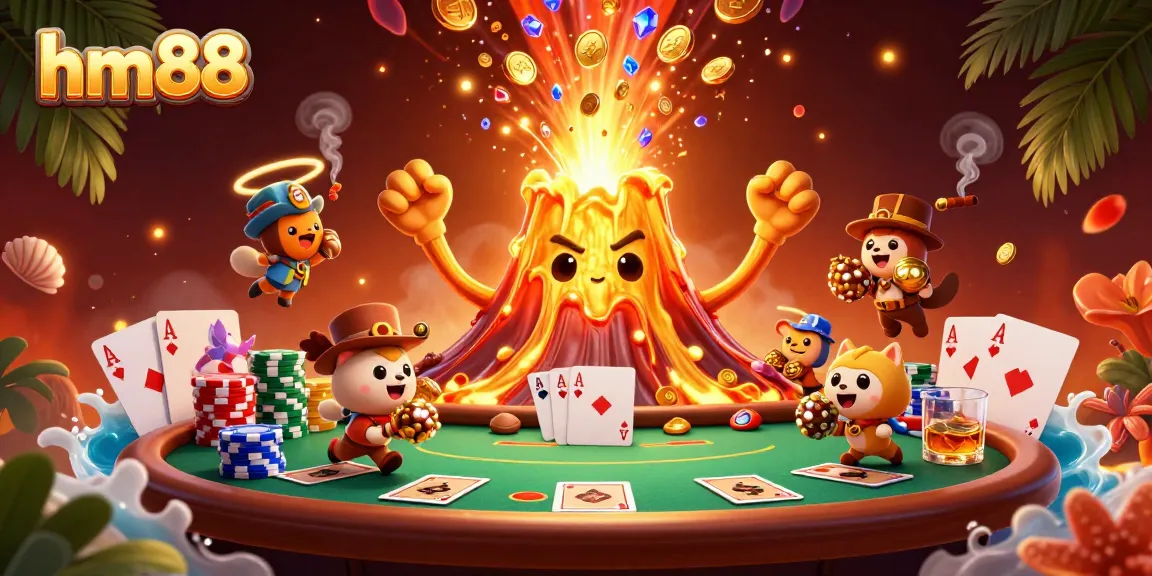 Experience thrilling gaming at hm88 with a dynamic scene of cartoon characters and poker elements.