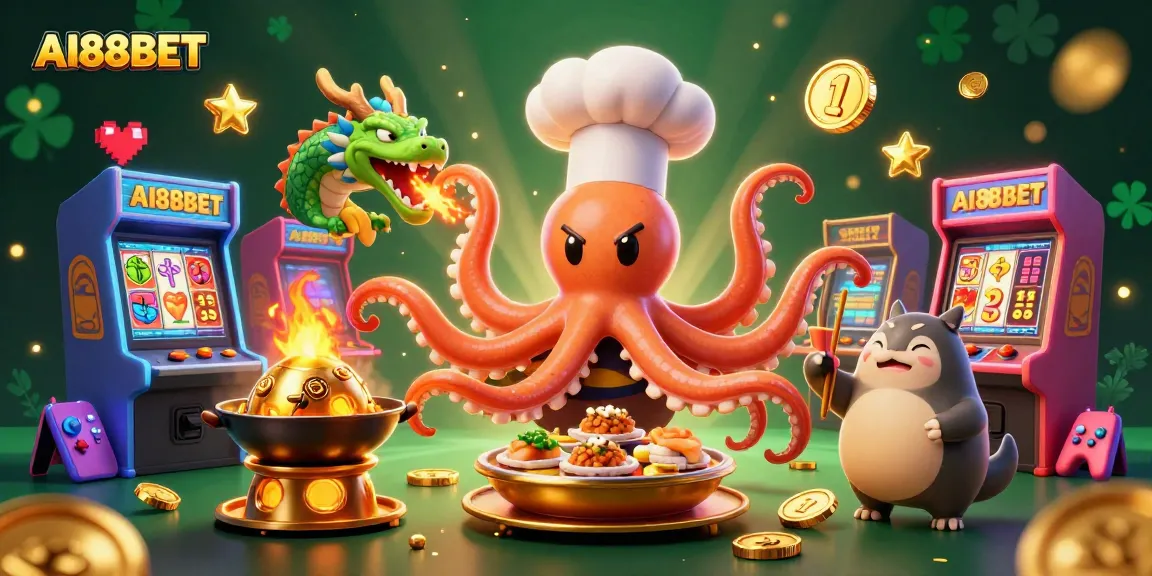 Engage with AI88BET's vibrant casino scene featuring an octopus chef and lucky dragon.