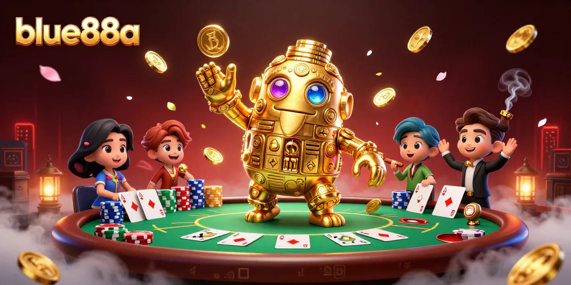 Engage in exciting gaming with blue88a's golden golem and vivid poker scene in a captivating casino illustration.