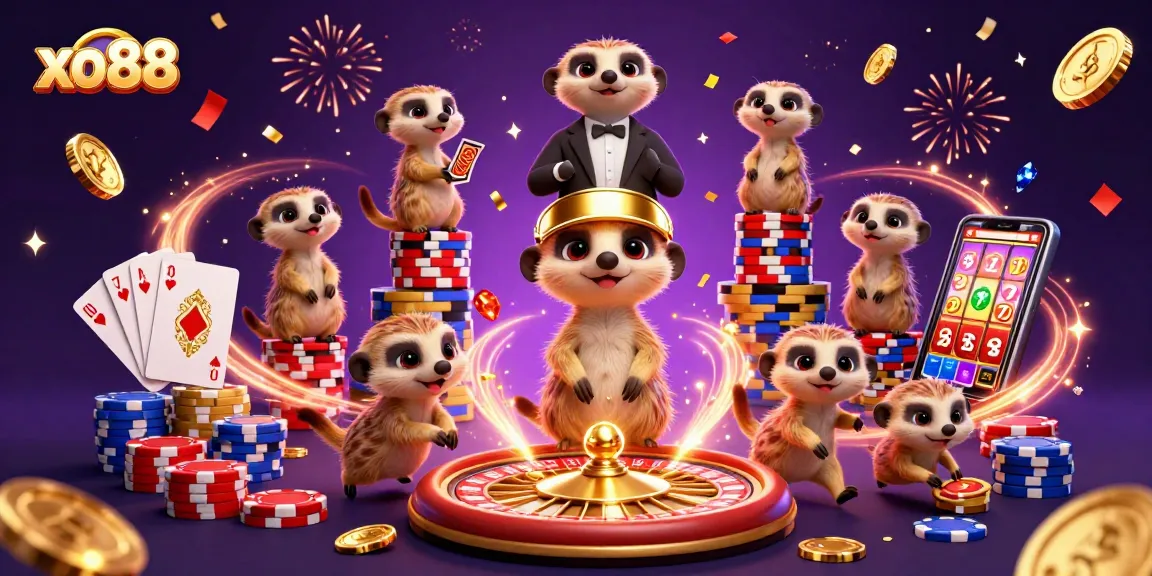 Experience thrilling excitement at xo88's vibrant casino, featuring animated meerkats in a festive gaming atmosphere.