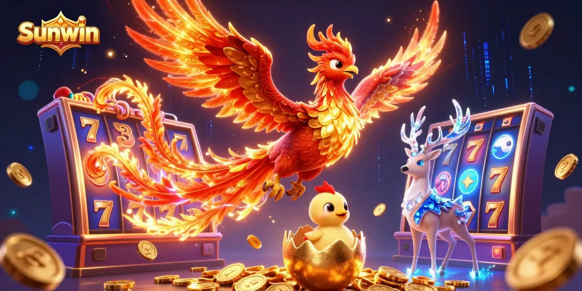 Experience thrilling slots at Sunwin with a vibrant scene featuring a phoenix and mystical stag.