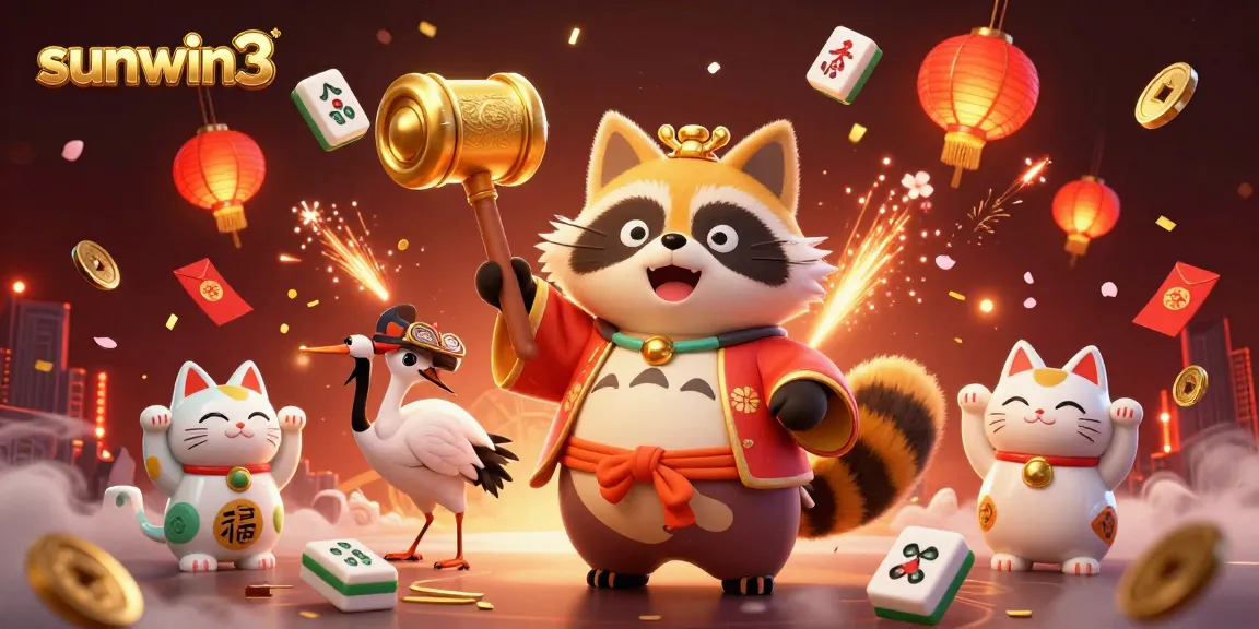 Enhance your gaming experience at sunwin3 with this vibrant 3D illustration showcasing traditional festival elements and lucky symbols.