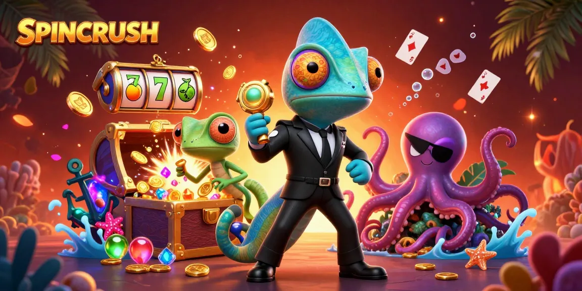 Experience the thrill of SPINCRUSH with vibrant visuals from a dynamic gambling scene featuring lively characters and exciting game elements.