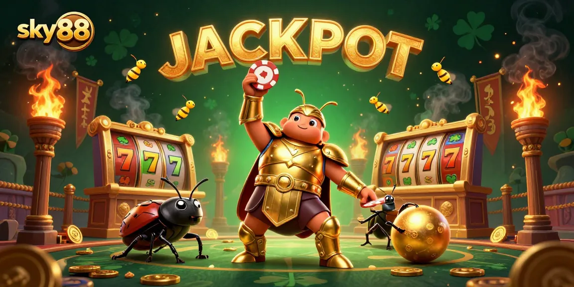 Experience sky88 with our victorious beetle lifting a poker chip amidst vibrant casino elements.