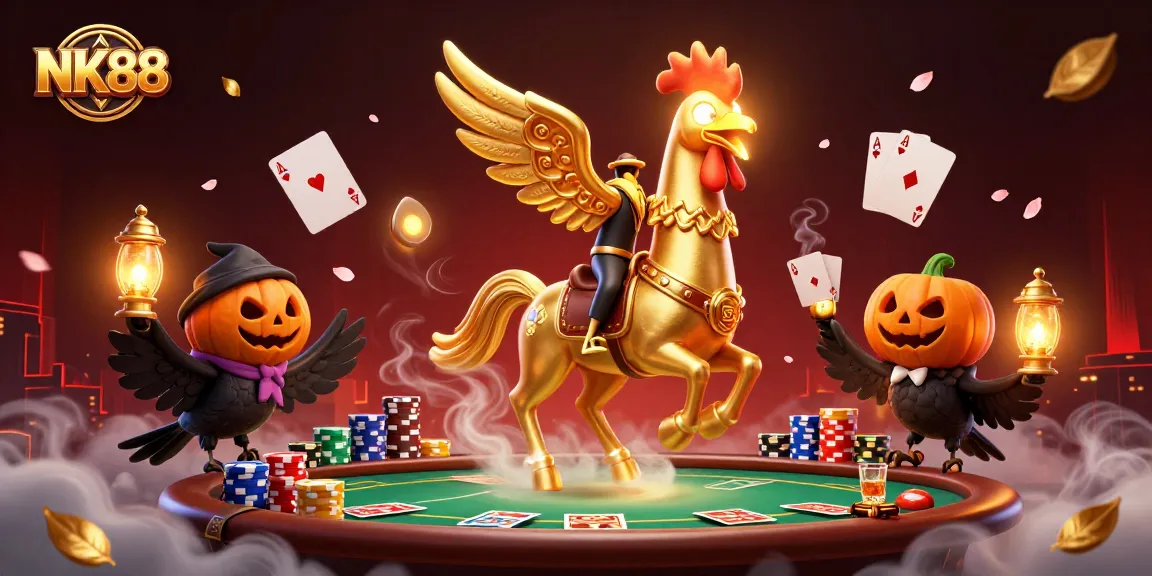 Experience NK88 with a vibrant casino scene featuring a golden rooster and poker elements.