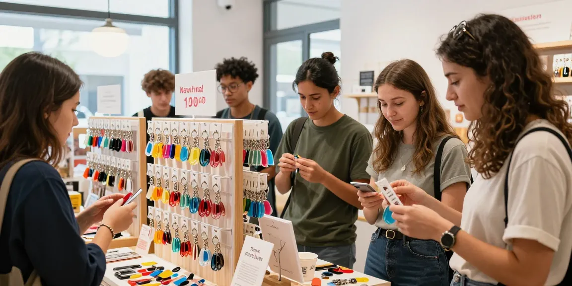 Custom keychains displayed in a vibrant e-commerce shop, showcasing unique designs and engaging shoppers.