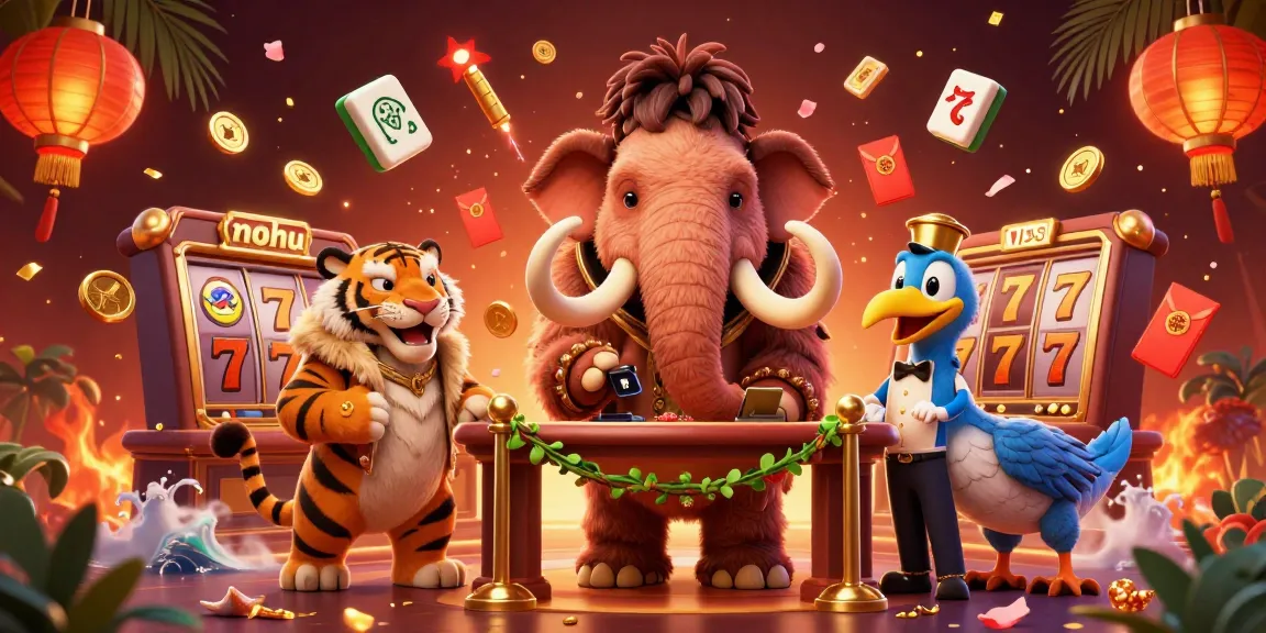 Nohu casino scene showcasing a woolly mammoth bouncer and a saber-tooth tiger VIP amidst vibrant slot game elements.