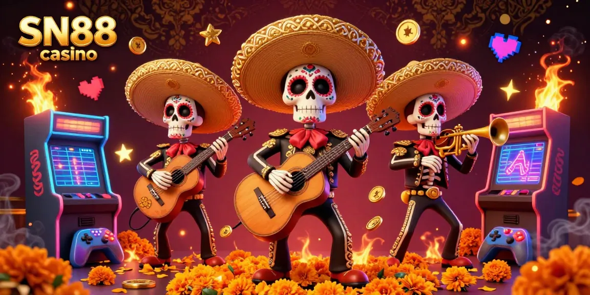 Experience the vibrant energy of SN88 casino with a lively mariachi band, arcade games, and colorful casino elements.