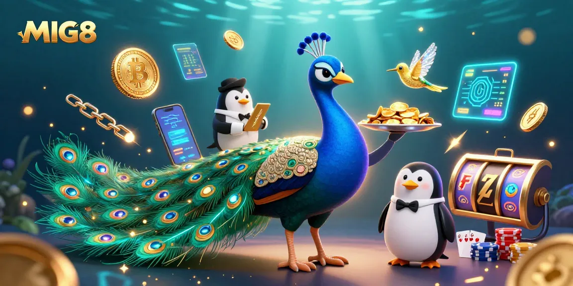 MIG8 presents a vibrant casino scene featuring an aristocratic peacock, a penguin butler, and a golden hummingbird amidst crypto coins and casino elements.