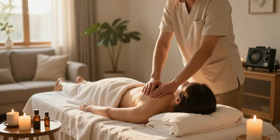 Client receiving a relaxing 부천출장마사지 in a cozy home setting with soothing elements.