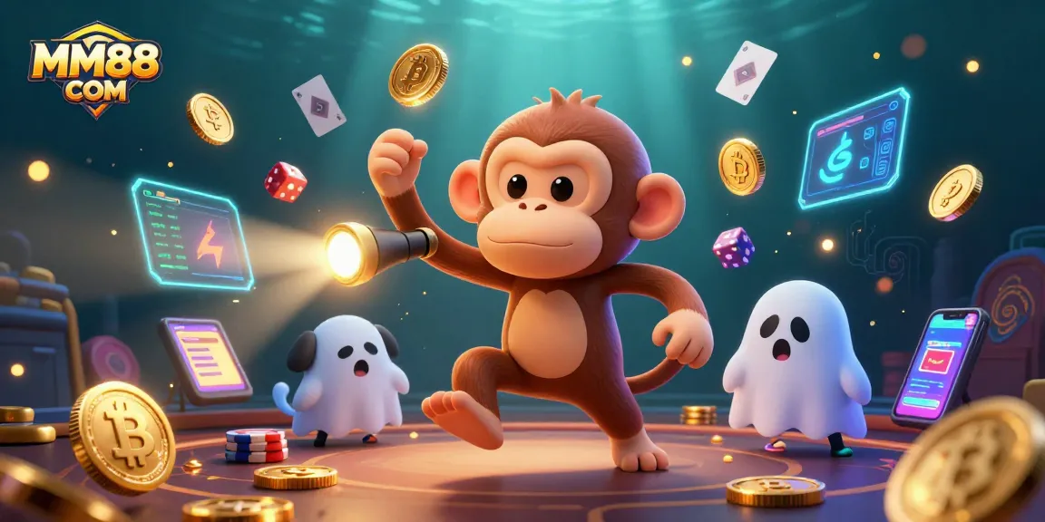 Experience the excitement with MM88 COM in a haunted casino scene featuring a playful monkey and a curious puppy.