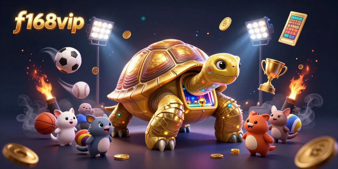 Engage with the thrilling f168vip gaming scene featuring a golden tortoise pinball machine amidst dynamic sports elements.