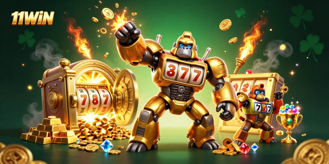 Engaging scene featuring a golden gorilla mech and slot machine elements for 11WIN, creating an immersive casino atmosphere