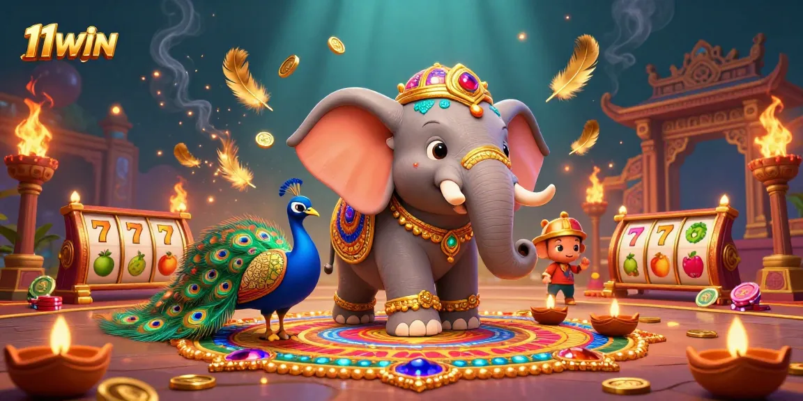 11WIN features a vibrant 3D casino scene with an elephant, peacock, and colorful gambling elements.