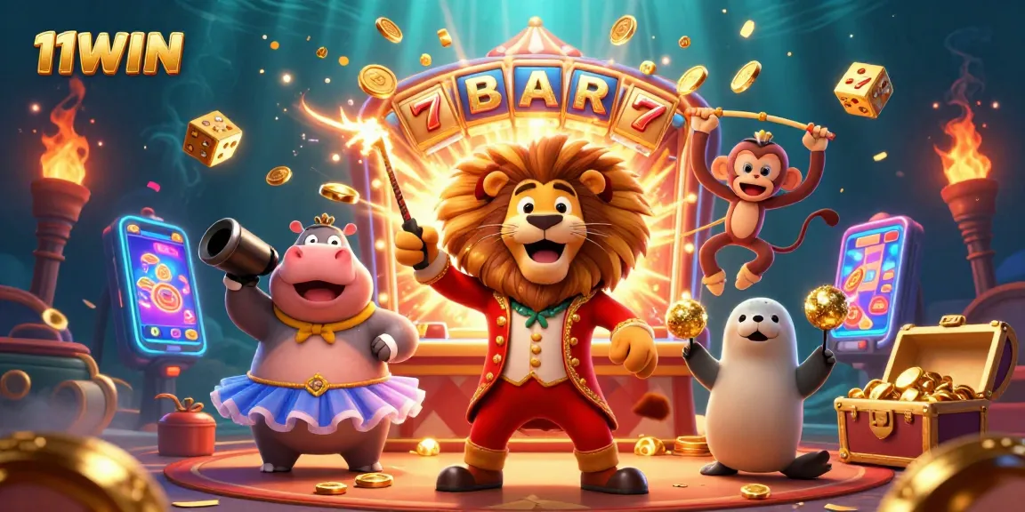 Experience the thrill of 11WIN casinos with colorful characters and jackpot rewards in this vibrant illustration.
