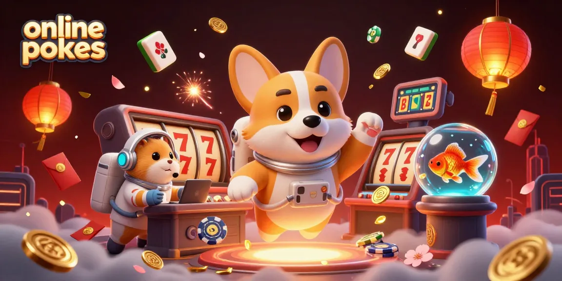 Engage with online pokies in a vibrant 3D casino scene filled with festive elements and playful characters.