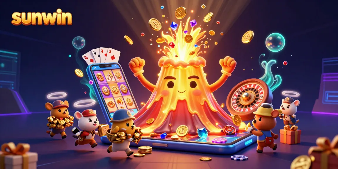 Win big with sunwin in this dynamic casino scene featuring a golden volcano and treasures.