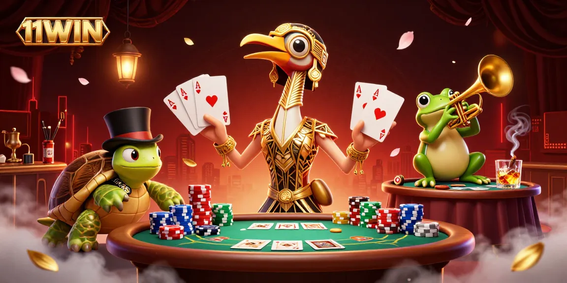Experience the excitement at 11WIN with poker tables, chip towers, and festive characters.