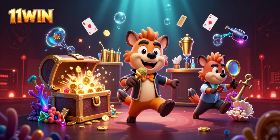 Experience the excitement of 11WIN with hyenas in a vibrant casino scene featuring a comedian and bartender.