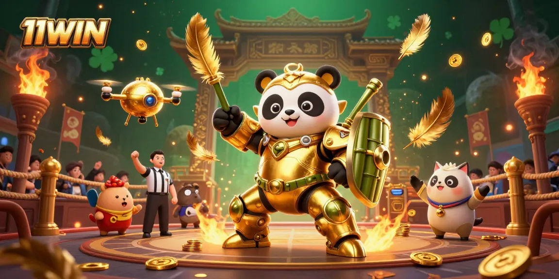 Engage in the exciting world of 11WIN with a dynamic 3D casino arena featuring a mech-suit panda and vibrant elements.