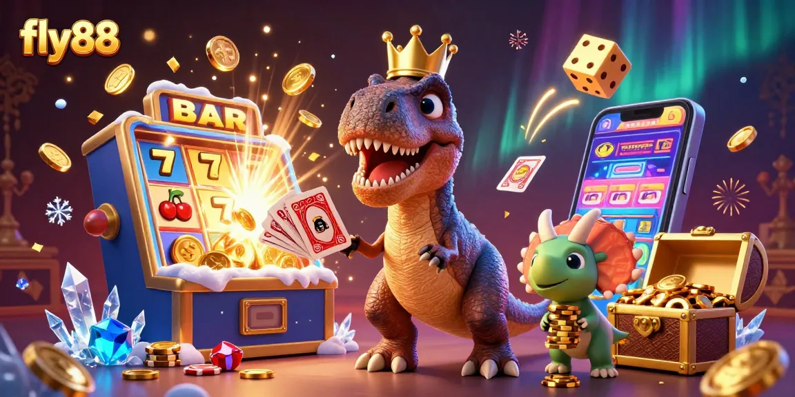 Engage with fly88 in a vibrant 3D casino scene featuring a T-Rex shuffling cards.